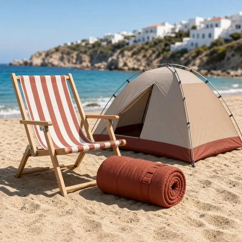 Καρέκλα παραλίας, σκηνή camping και υπνόσακος στην άμμο